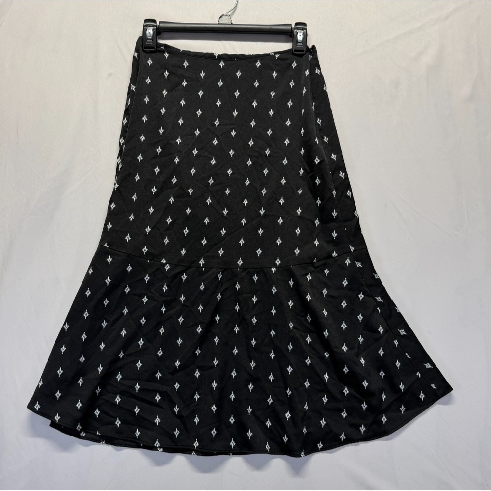 LOFT A-Line Midi Skirt Womens 0 Petite Black Geometric Print Ruffle Hem Side Zip